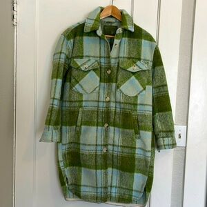 Cozy shacket in cute pastel plaid! Long length is a perfect match w/ dresses!